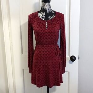 💋Boden💋 - Burgundy/Navy Damask Print Knit Tie Waist L/S Mini Dress